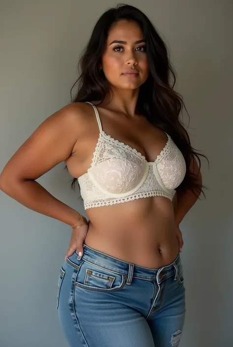 Sexy 40 year old Latina, wide hips in jeans and tight white bra