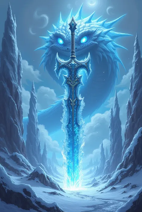 A Cryo Claymore, entrance of a frozen Dragonspine dungeon, icy claymore.  a massive ice  white serpent with glowing blue eyes in the background. The background features jagged ice formations and a stormy, snow-filled sky. Cold blue light highlights, with g...