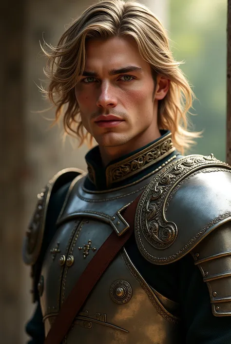 Handsome Italian soldier, 22 years old, long blond hair and intense green eyes. Wearing medieval steel armor