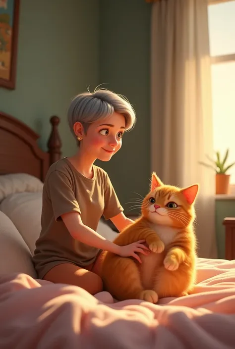 42 year old woman, Italian, medium height, normal body build with grey hair, moving a big ginger cat from the bed, in Pixar style