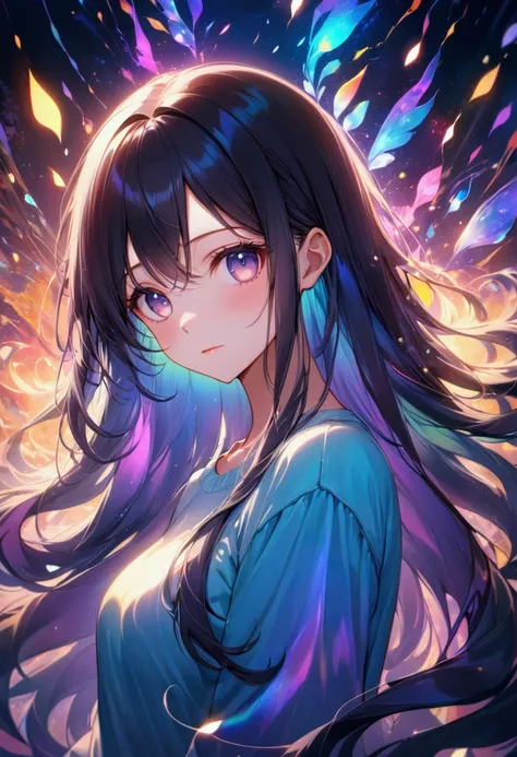 Adult anime girl in with long straight dark iridescent hair,dark iridescent eyes,casual wear,8k, best quality