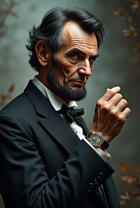 Recreate an image of Abraham Lincoln from the top so that the photo is from the side with his hand and has a magical appearance with a Richard Miler watch 