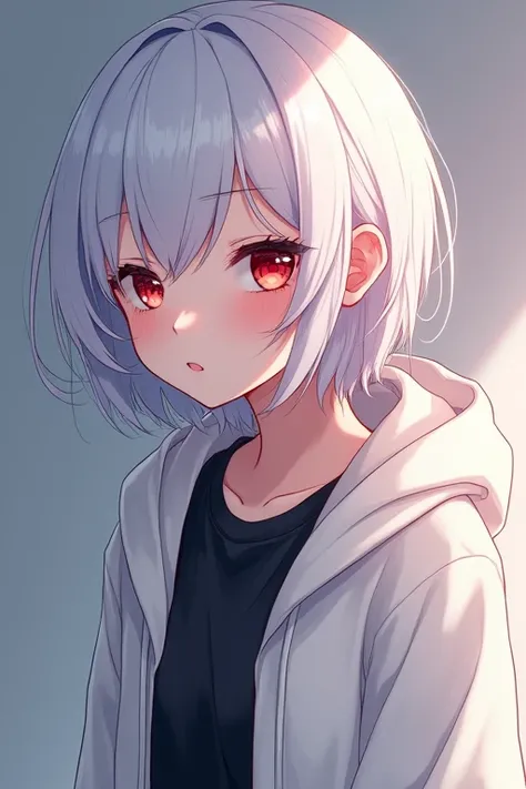 A beautiful anime girl with short white hair, red eyes and wearing a white hoodie over a black shirt