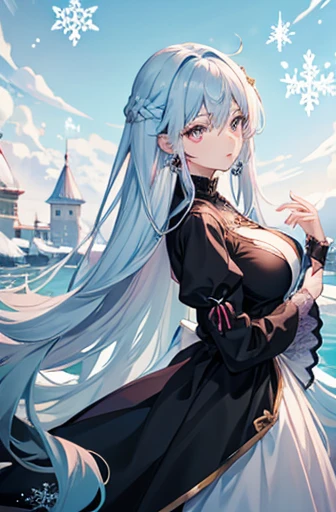 Anime, woman, long hair, pale blue hair, pink eyes, gently, earrings, big boob, wearing a black dress, beautiful, elegant, pure, fantasy, ice, snowflake, snow land, cool, noble,