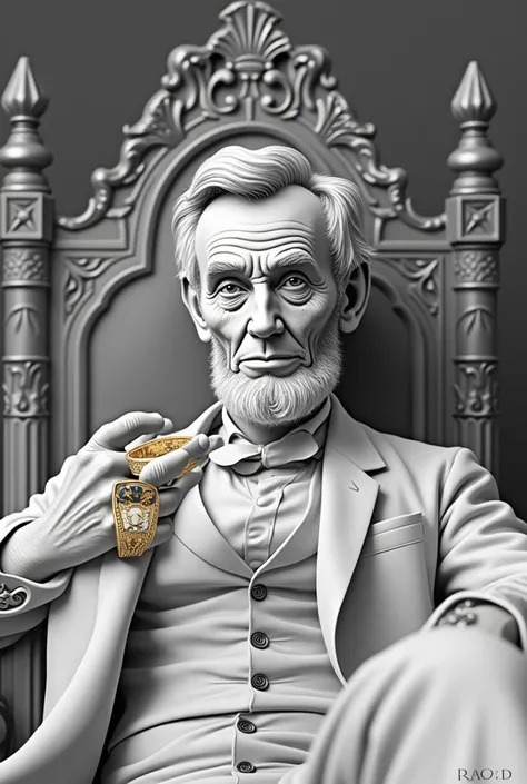 Recreate an image of Abraham Lincoln sitting on a throne with rings so that his image can be seen on his hand with the ring and his photo is taken from this hand a little further away. Eliminate what he has in his hand and put a Richard Miler 