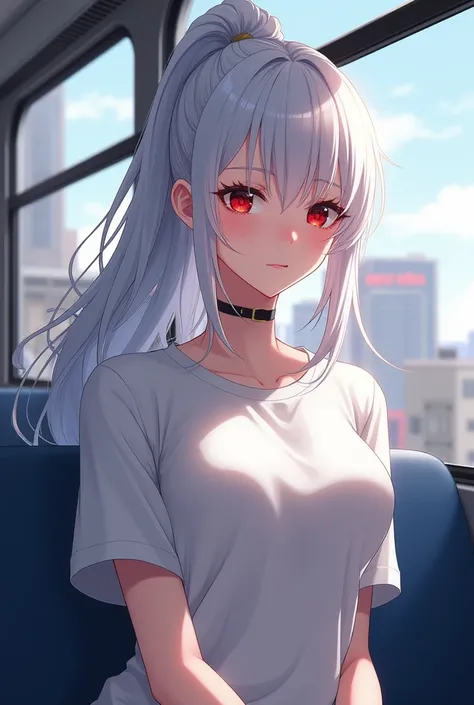 White头发，Red eyes，Unilateral side ponytail，White，White衬衣，figure，，Anime style，Female characters，Sitting on the bus