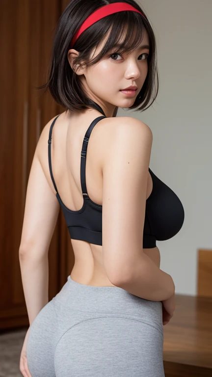 Front view, big sports bra, Well-crafted yoga pants, Luxury Apartments, From behind, masterpiece, Highest quality, so beautiful, Absurd, up to date, AI-generated, Very detailed, Cinematic Views, He saw, One person, Black Hair, blue eyes, short hair, Red Ha...