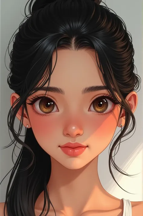 Create a close-up illustration of a beautiful 16-year-old South Asian girl. She has carefully styled her hair into a neat ponytail. The image should capture her looking straight at the viewer with a hint of curiosity and determination in her eyes.