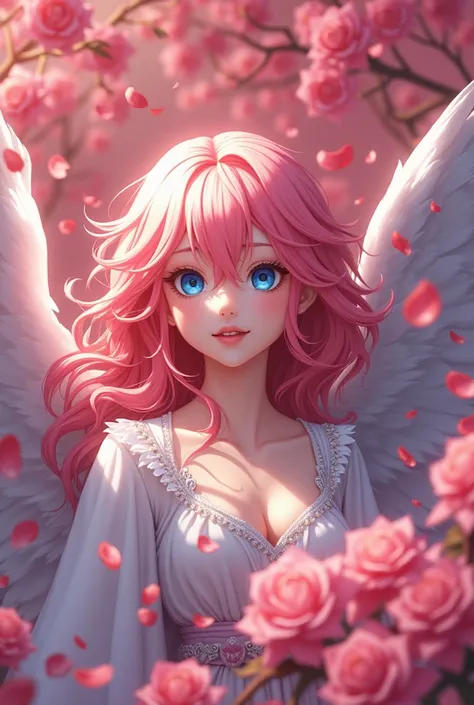 Beautiful anime angel with pink tall hair and blue eyes surrounded by rose petals