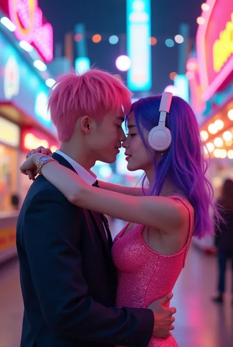 Korean purple hair butterfly woman with headphone and neon pink glitter dress hugging and young man with pink hair and suit background amusement park and friends friendship photo 