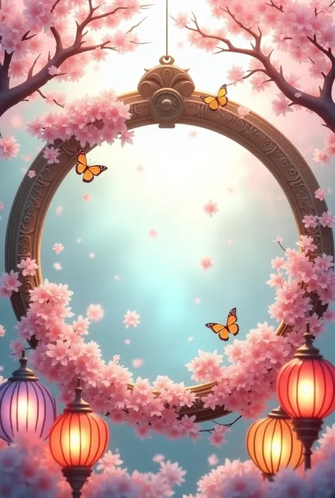 Round frame. There is empty space in the center of the frame. Decorated with colored lanterns, sakura and butterflies
