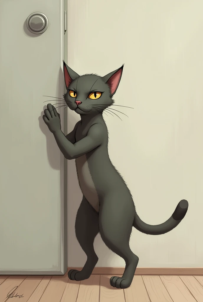 Cat is standing in two legs 
Against to a wall just like a man hide and making himself hiding from someone


