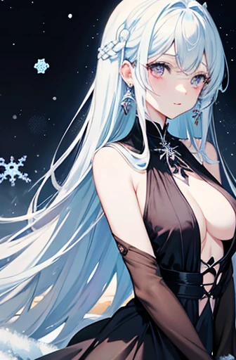 Anime, woman, long hair, pale blue hair, pink eyes, gently, earrings, big boob, wearing a black dress, beautiful, elegant, pure, fantasy, ice, snowflake, snow land, cool, noble, small smiled, fur,