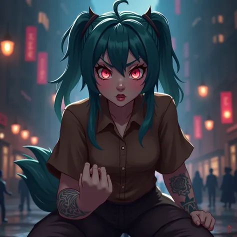 Kneel down, Get on all fours, Arcane style, Fantasy City, night, Fiery red pupils, At full height (Whole body 1.1.), Fingers clenched into fists, Middle finger gesture, explode, flash, 1 girl, Tattoo on arm, Asymmetrical bangs, Pompadour, Blue fur, Weaving...