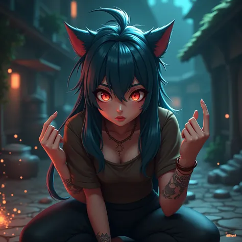 Kneel down, Get on all fours, Arcane style, Fantasy City, night, Fiery red pupils, At full height (Whole body 1.1.), Fingers clenched into fists, Middle finger gesture, explode, flash, 1 girl, Tattoo on arm, Asymmetrical bangs, Pompadour, Blue fur, Weaving...