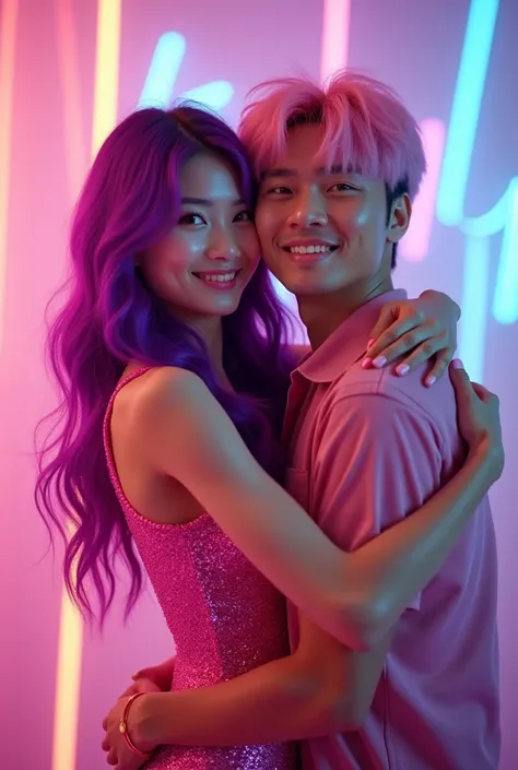 Korean purple hair butterfly woman with headphones and neon pink glitter dress hugging and young man with pink hair friends white man friends photo that shows friendship and talks about country make a music video cover 