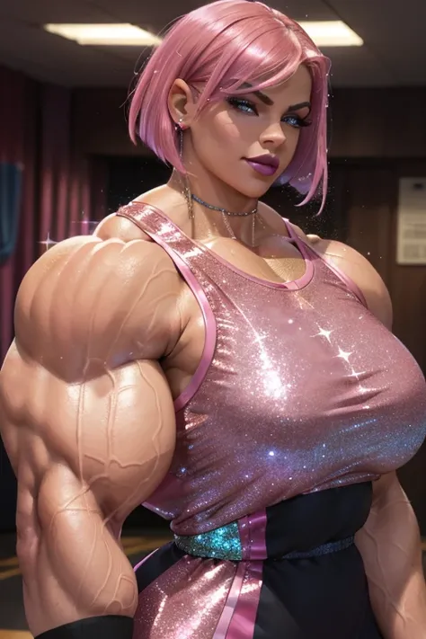 ((Close-up)), tall, (shocking pink hair) beautiful muscular woman, angled bob cut, brown skinned, (closed smile), large breast, (black lipstick), (massive muscles), (hyper muscle), (ginormous bulky muscles), blue eyes, (((sparkly pink basketball jersey dre...