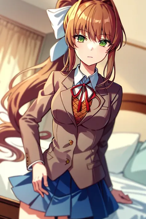 2d, masterpiece, best quality, anime, highly detailed, 1girl, solo, monika, green eyes, brown hair, very long hair, ponytail, hair ribbon, white ribbon, blazer, brown sweater, collared shirt, neck ribbon, blue skirt, bed,