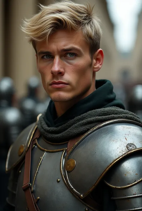 Handsome Italian soldier, 26 years old, high defined chin, Roman beauty, blond hair and intense green eyes. Wearing medieval steel armor, with mencholic eyes