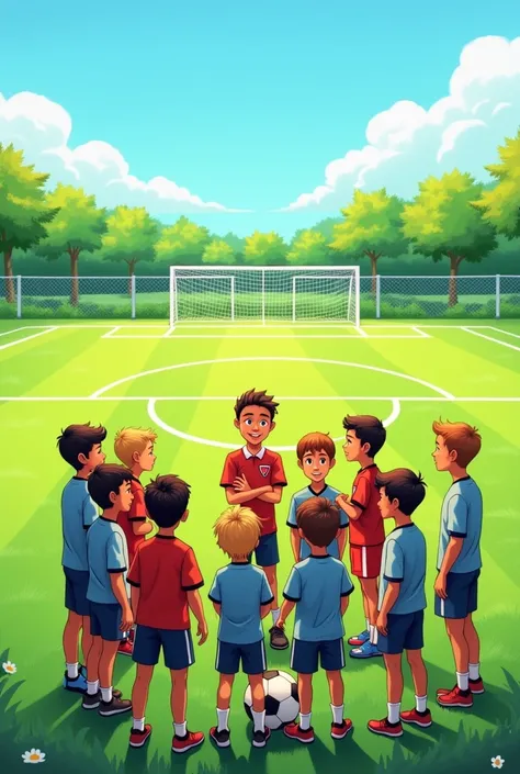 Illustration, 8 year old boys forming their soccer team, In a soccer field