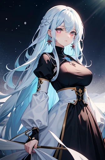 Anime, woman, long hair, pale blue hair, pink eyes, gently, earrings, big boob, wearing a black dress, beautiful, elegant, pure, fantasy, ice, snowflake, snow land, cool, noble, small smiled, fur clothing,