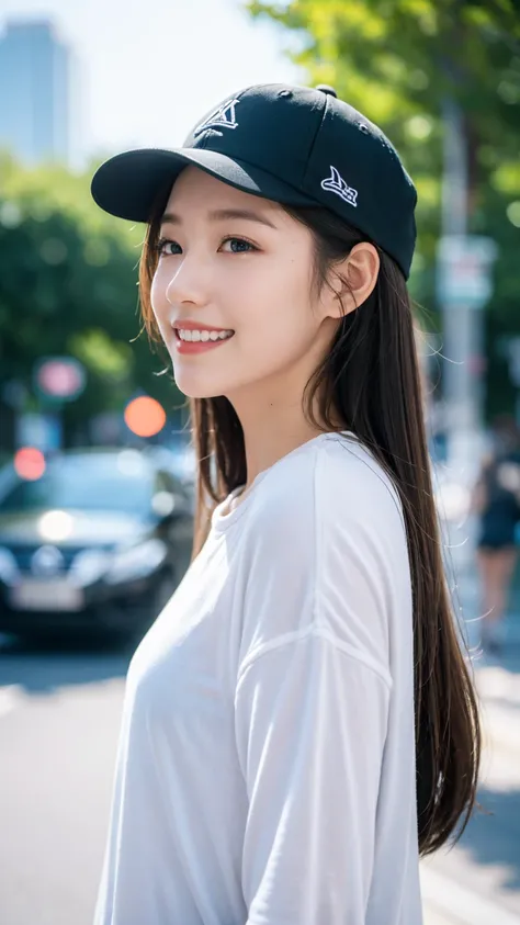 masterpiece, Highest quality, Highest quality, beautiful girl, Cute Face, 8k, Official Art, RAW Photos, When going out in the city during the hot season, please wear cool clothes., profile, Sports Cap, Teen, Face Light, Film Grain, chromatic aberration, Sh...