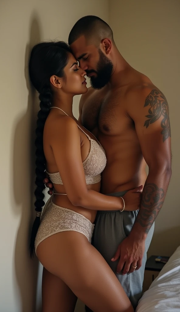 Newly wed indian couple, hot curvy south indian thick milf with single plaited hairstyle, big breast, big hip, big ass, thick thighs, woman wearing nighty, cleavage, indian couple, very short indian brown man with buzz cut, very big muscular body and beard...