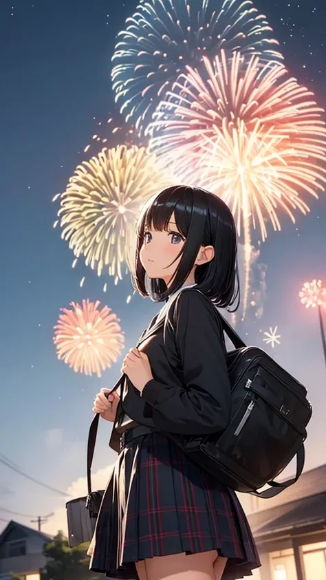 Looking up at the fireworks　Black haired school girl　
countryside　One person, anime　Up to the waist　School Bags