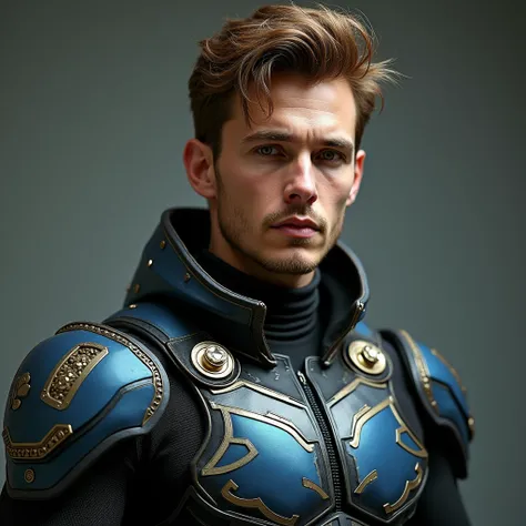 Photograph of a man in a cyberpunk super hero uniform with brown hair,  intricate details, 