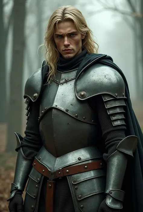 tall and thin soldier, 24 years old, defined jaw and very handsome, long blond hair and intense green eyes. Wearing medieval steel armor, with mencholic eyes