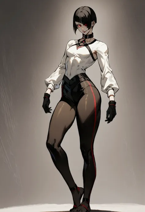 fully body,standing,alone,short hair,work of art,face detailed,young fitness linda,Wearing black pantyhose,tight white sweater with collar ,neckleace,evil smile,red eyes glowing,labiaa,eye shadow,bangs on the eyes,black gloves
