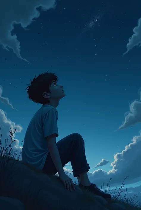 A depressed boy, LOOKING AT THE NIGHT SKY, the sky is very starry and clear, on a cloudy night