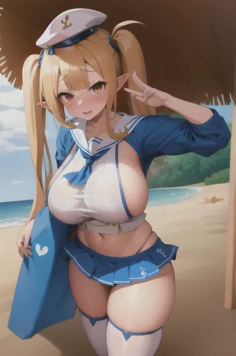 1girl,(sailor_dragon:1.2),skirt,(gigantic breasts),(skirt:1.2),salute,embarrassed,shy,hat,blonde hair,pointy ears,bangs,standing,outdoors,beach,(twintails:1.2),highleg thong,midriff,thighhighs