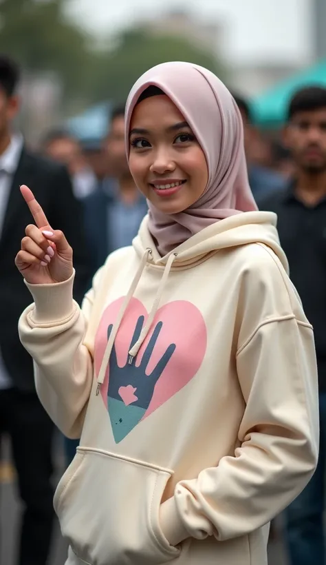 A hijaber indonesian pretty woman, wearing a cream hoodie with a strong vector design featuring a silhouetted image of a five-fingered palm in pastel tine with love. The phrase "ELENG LIMO WAKTU" is displayed in bold simple elegand, distressed typography w...