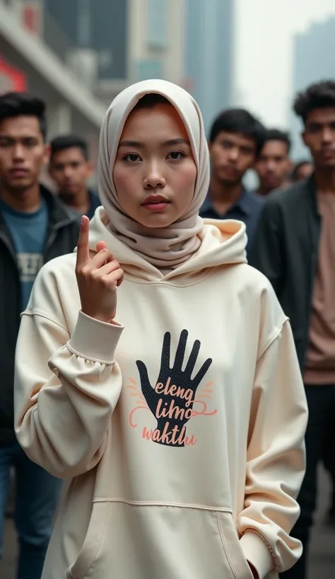 A hijaber indonesian pretty woman, wearing a cream hoodie with a strong vector design featuring a silhouetted image of a five-fingered palm in pastel tine with love. The phrase "ELENG LIMO WAKTU" is displayed in bold simple elegand, distressed typography w...