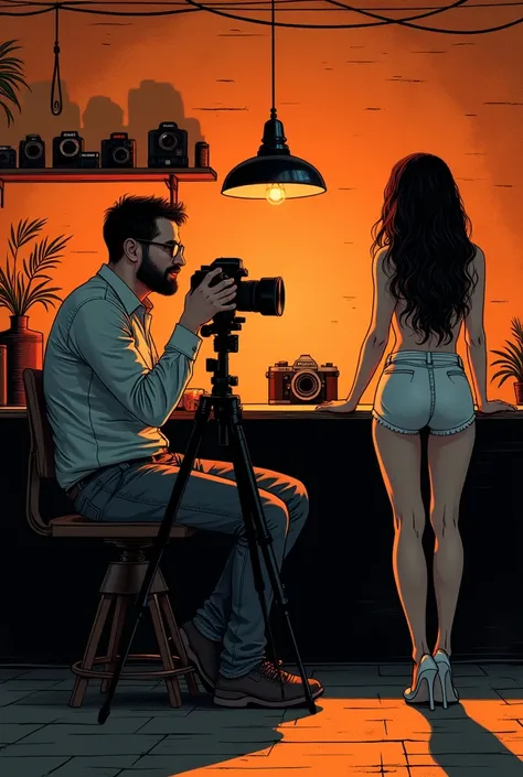 There is a 30-year-old photographer，Photographing a beautiful woman，Photographer with short beard,  short hair, (slightly overweight), wear glasses, Sit at the bar，Directing a model,, In his studio, With tripod，Using the Camera, There are many cameras in t...