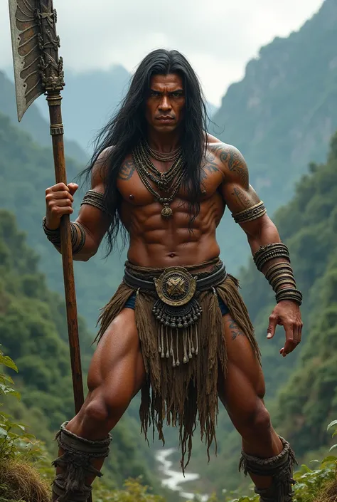 Filipino igorot with long hair fighter facing 3/4 front left