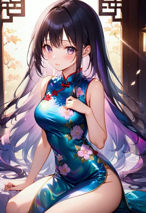 Adult anime girl in with long straight dark iridescent hair,dark iridescent eyes,cheongsam,8k, best quality, professional photo