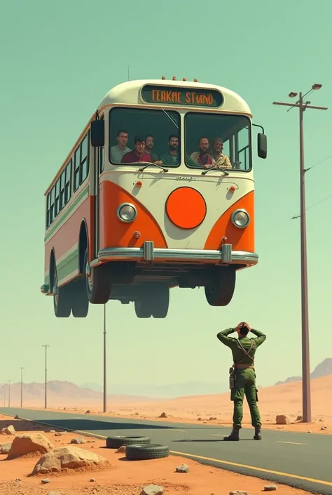 Généré une image dun bus plein des personnes noir qui on lair perdu, le bus a trois couleurs orange, blanche et vert, et un disque orange au centre de la couleur blanche,  sur une route longue en plein désert, avec un militaire debout à côté du bus ses deu...