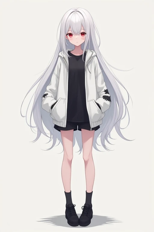 A full-body image of a beautiful, expressionless anime girl with long white hair, red eyes, fair skin, wearing a white hoodie over a black shirt, black shorts, and black shoes.