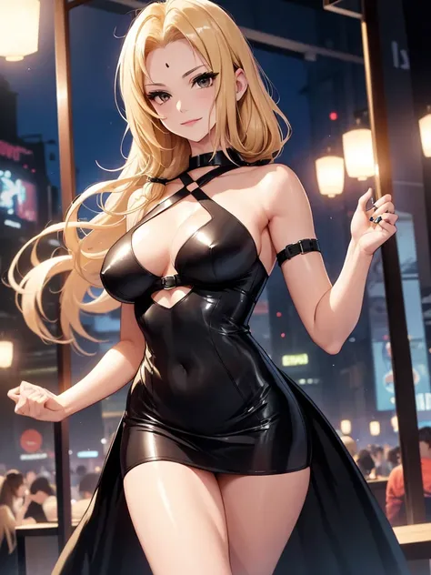  1woman, wearing a black colour stylish party frock, at a night party , blonde hair, 8k, high detailed, high quality