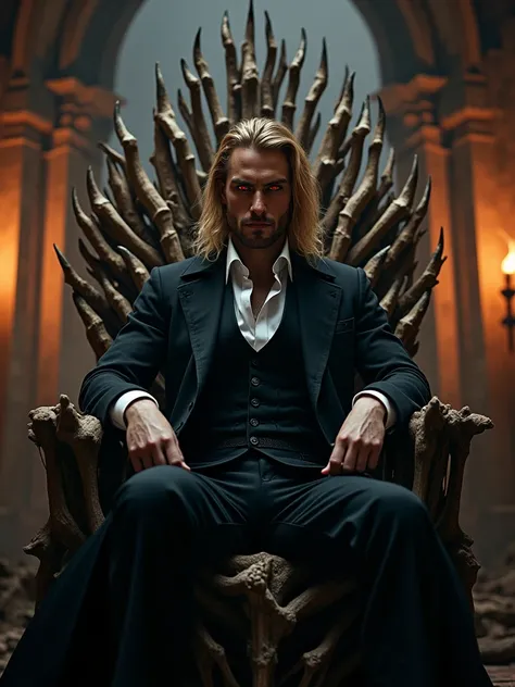 ((masterpiece, 8K, best quality, high resolution:1.3)), (a vampire sitting on his throne made of human bones in a dark castle:1.2), (editorial style photo:1.2), (his eyes are red and his skin is very pale:1.2), (his hair is long and blonde:1.2), (he is ver...