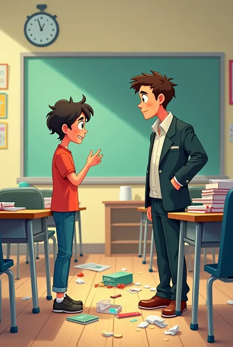 Create an animated character of a student littering and being reprimanded by his teacher.

