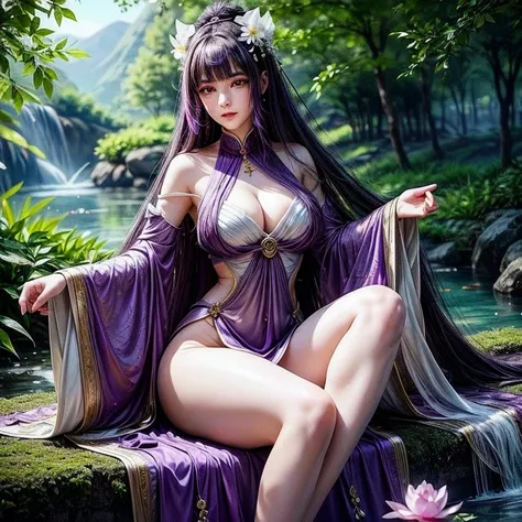 Purple Hair，Purple Eyes，master，Purple clothes，She wore a jade lotus hairpin in her hair.，Wearing a lavender wide-sleeved plain fairy dress，She was a vision of ethereal beauty, a divine being, but also a woman of incomparable loveliness.。Her skin was like c...