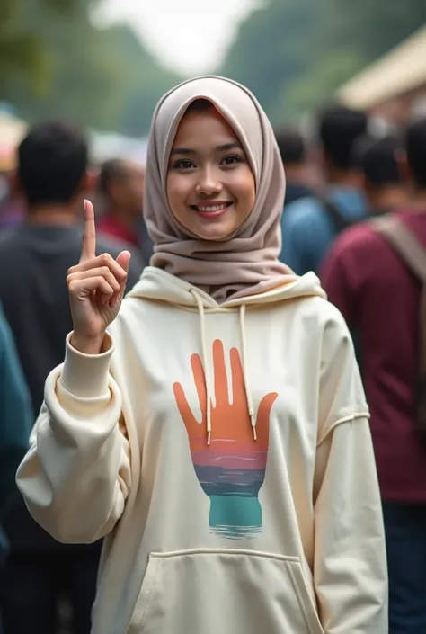 A hijaber indonesian pretty woman, wearing a cream hoodie with a strong vector design featuring a silhouetted image of a five-fingered palm in pastel tine with love. The phrase "ELENG LIMO WAKTU" is displayed in bold simple elegand, distressed typography w...