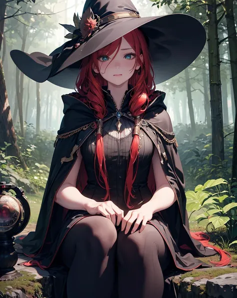 a beautiful young woman with long curly red hair wearing a black skirt and a white hooded cloak, sitting in a forest, medium shot, sad expression, detailed eyes, beautiful detailed face, slim body, medium breasts, round breasts, aqua eyes, witch hat, black...