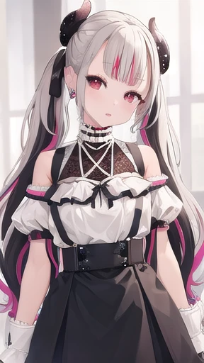 masterpiece,best quality,high resolution,hmnab, multicolored hair, hair bow, twintails, white shirt, black skirt, fishnets, suspender skirt, bare shoulders, earrings, puffy sleeves