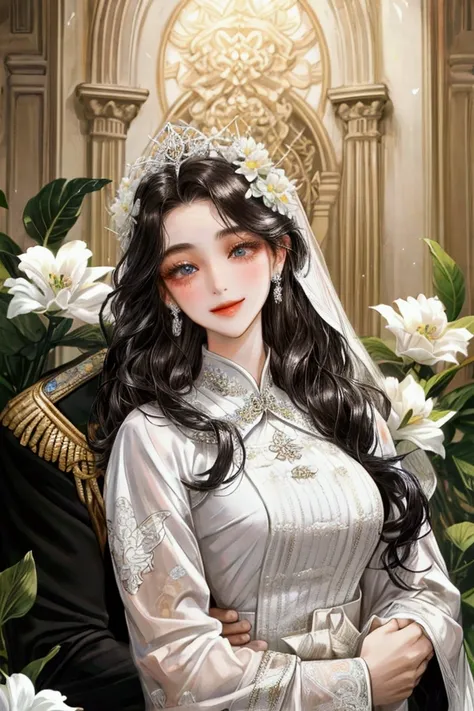 masterpiece, best quality, couple, hugging and kissing in white flower bloom forest, black wavy hair, flower blossom, light smile, white wedding suit, detailed face, detailed eyes, detailed body, priportional body, javanese style, detailed, accurate