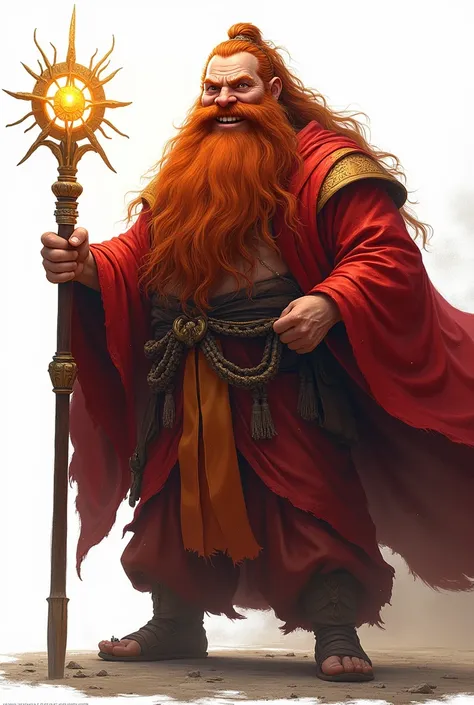 ((kimono)), Arafed, (male: 1.3), dwarf, (Masterpiece, intense details: 1.5) full body, red cloak with, flowing cloak (holy symbol sun: 1.2), red hair, long braided beard, hair strand, smile, high detail, Realism, Action painting, depth of field, god rays, ...