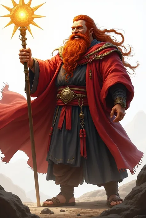 ((kimono)), Arafed, (male: 1.3), dwarf, (Masterpiece, intense details: 1.5) full body, red cloak with, flowing cloak (holy symbol sun: 1.2), red hair, long braided beard, hair strand, smile, high detail, Realism, Action painting, depth of field, god rays, ...